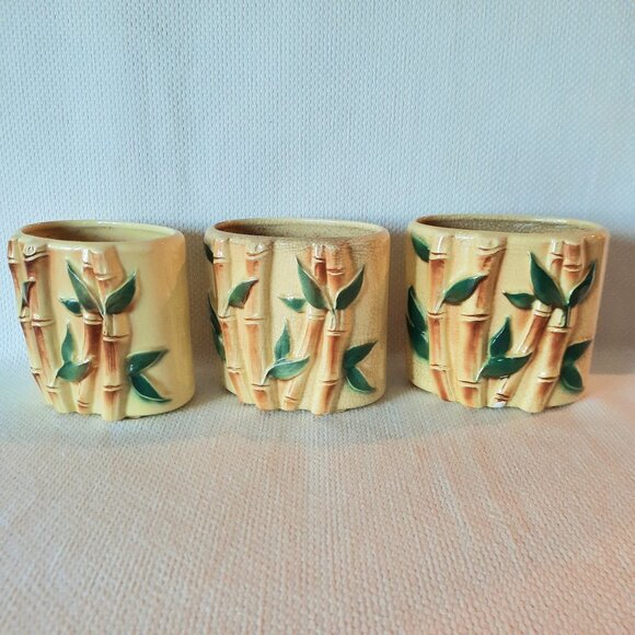 Set of 3 MCM (Royal Copley?) Bamboo Motif Planters/Vases, 4 3/4" T - Picture 1 of 11